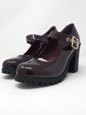 Burgundy Patent Faux Leather Mary Jane Platform Chunky Heel Lug Sole Trendy